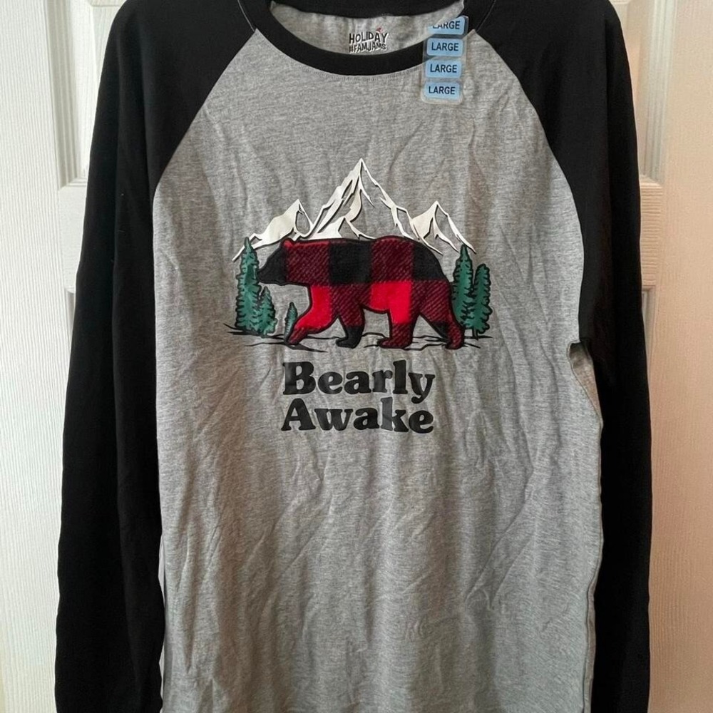Grey and black plaid bear long sleeve shirt Embroidered‎